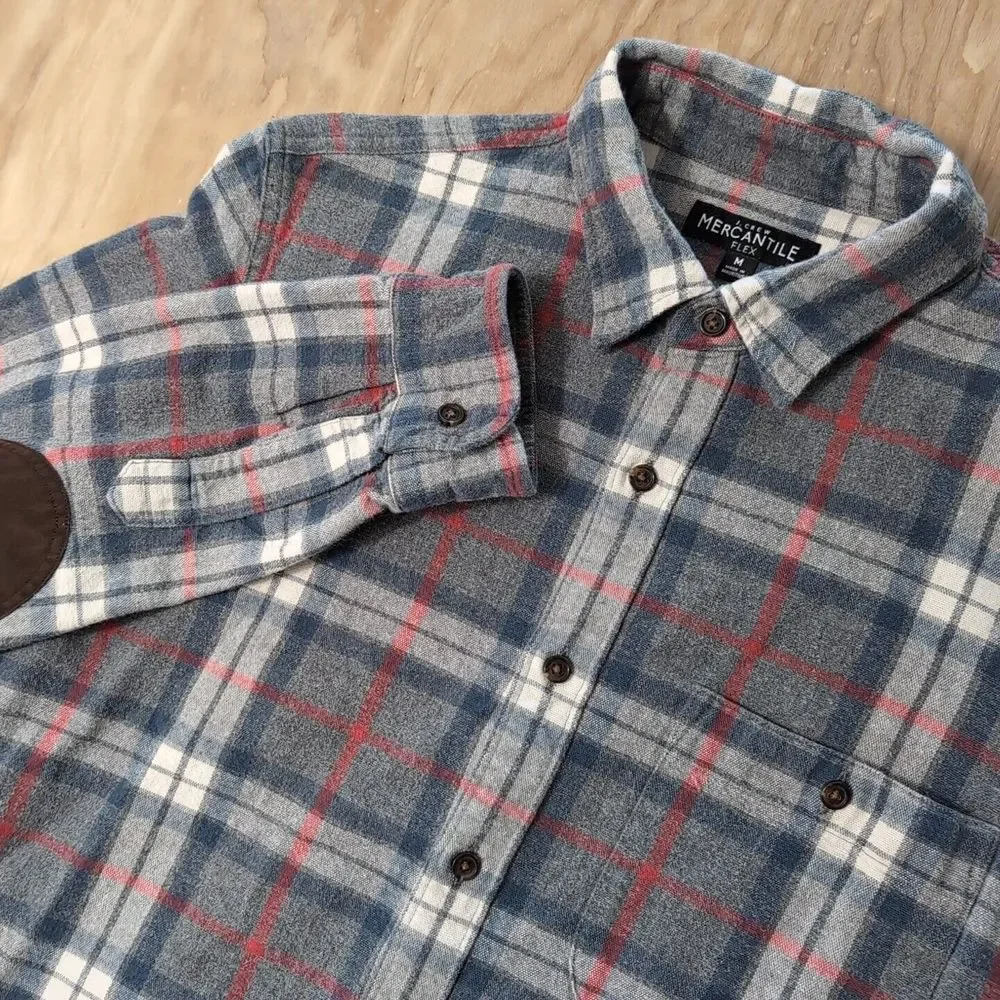 J. CREW Mercantile Flex Men's Med Navy Blue‎ & Red Gray Plaid Shirt Elbow Pads